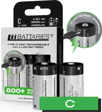 Bateri rikarikueshme Liibattaries LR14 C USB C, 3000mAh, 1.5V, paketim 2 copë