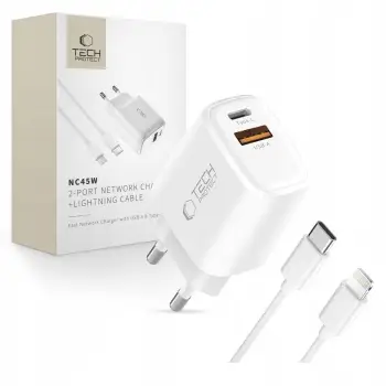 Karikues muri Tech-Protect NCA45W GaN, 2 porta PD 45W dhe QC3.0, me kabllo Lightning, i bardhë