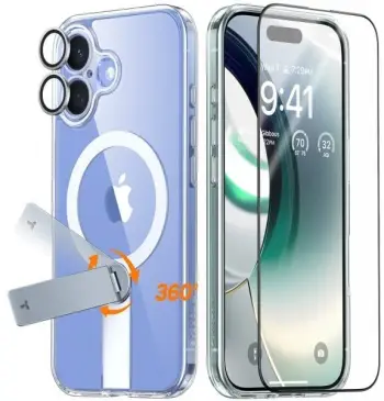 Set mbrojtës TORRAS Pstand Spin 3 in 1, për iPhone 16 Pro Max, transparentshëm