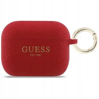 Kuti mbrojtëse Guess Silicone Glitter Ring Case për AirPods Pro 3, silikon, me karabinë, e kuqe me shkëlqim