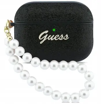 Kuti mbrojtëse Guess Glitter Pearl për AirPods Pro 3, me rrip perlash, e zezë