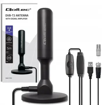 Antena e brendshme TV Qoltec 57052, DVB T2, amplifikator sinjali, e zezë