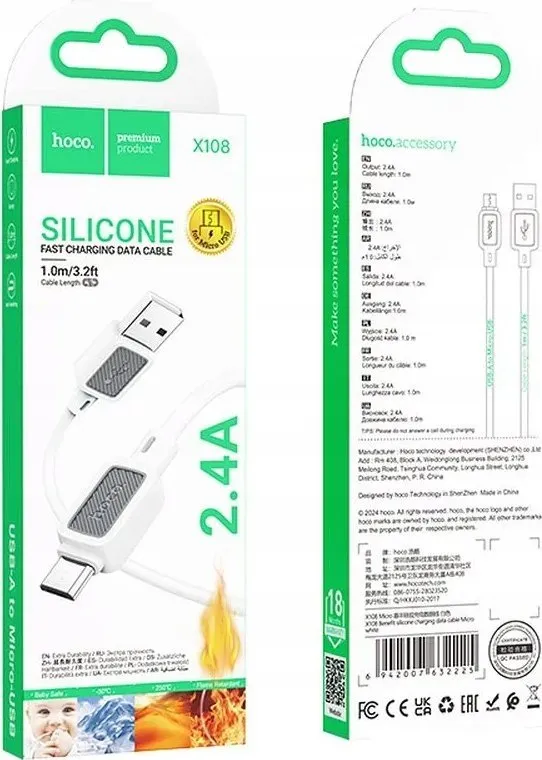 Kabllo USB Hoco X108, USB A në Micro USB, 1m, 2.4A, e bardhë - 5