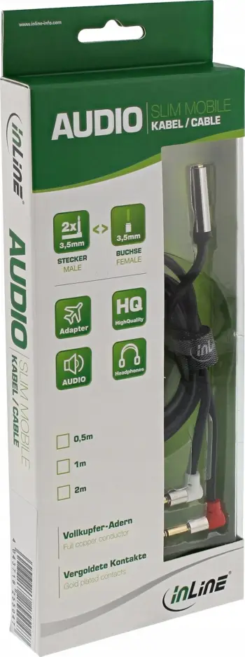 Kabllo audio InLine Slim adapter për aeroplan, 2x 3.5mm mashkull në 1x 3.5mm femër, 0.15m, e zezë