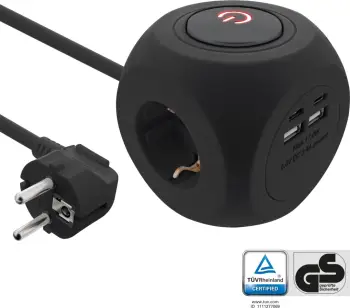 Prizë kube InLine Charging Cube, 3x Schuko, 2x USB C, 2x USB A, 2m, e zezë
