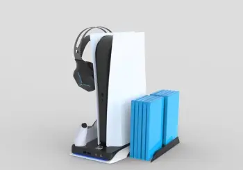 Bazë ftohëse me LED DLX+ Stand, stacion karikimi për 2 kontrolle PS5, me mbajtës kufjesh