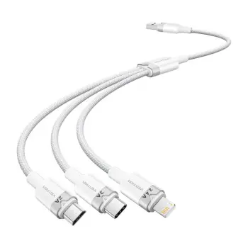 Kabllo karikimi Vention 3 në 1, USB 2.0 në USB C Lightning Micro USB, 1.5m, 3A, e bardhë