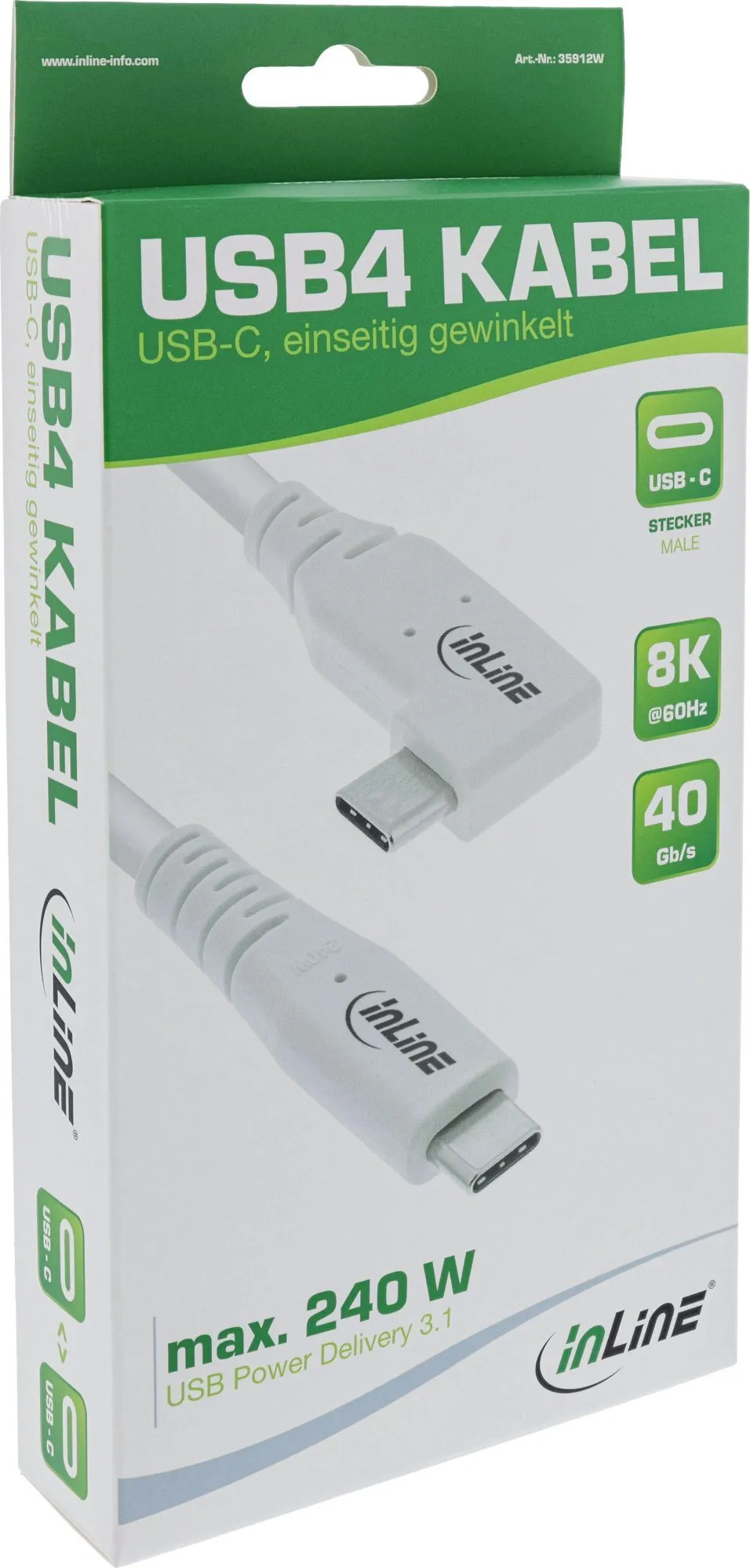 Kabllo USB InLine USB4, USB C me kënd, PD 240W, 1m, e bardhë - 3