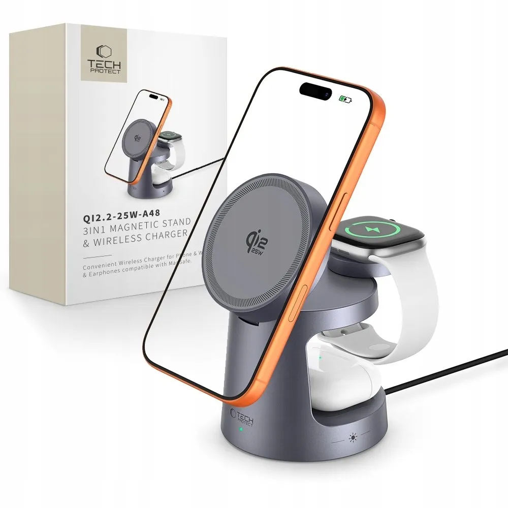 Karikues wireless TECH-PROTECT A48 3in1 MagSafe, 25W, gri e errët - 1