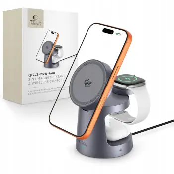 Karikues wireless TECH-PROTECT A48 3in1 MagSafe, 25W, gri e errët