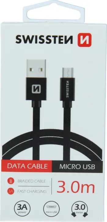 Kabllo karikimi Swissten Textile, USB në Micro USB, 3 m, 3A, e zezë