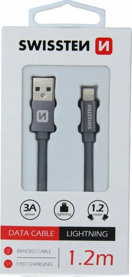 Kabllo karikimi Swissten Textile Fast Charge 3A Lightning, 1.2m, e hirtë - 1