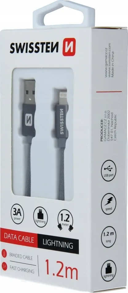 Kabllo karikimi Swissten Textile Fast Charge 3A Lightning, 1.2m, e hirtë - 3