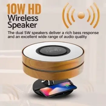 Llambë tavoline Promate Mirth, altoparlant Bluetooth, karikues wireless 10W, me orë digjitale, ngjyrë dru