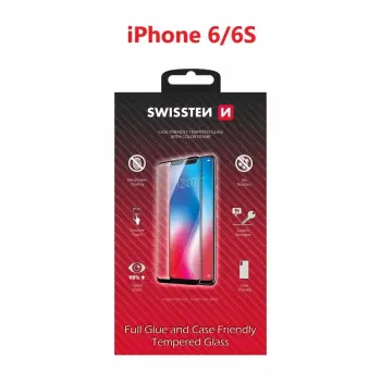 Mbrojtës ekrani Swissten Case Friendly, për iPhone 6 6S, xham i temperuar, i zi