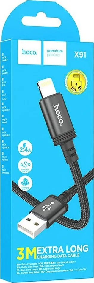 Kabllo karikimi HOCO X91 Radiance, Lightning, 3m, 2.4A, e zezë - 1