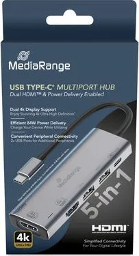 Adapter multiport USB C Mediarange MRCS511, 5 në 1, 4K, argjendtë - 1