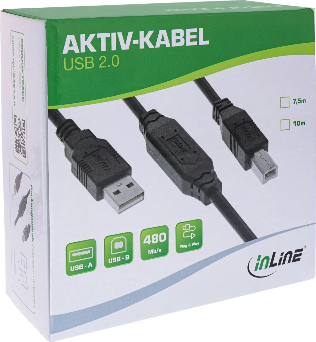 Kabllo aktive USB InLine USB 2.0, USB A në USB B, 10m, e zezë - 3