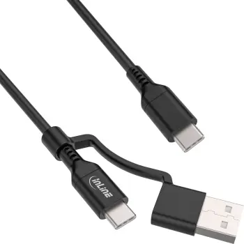Kabllo InLine 2 in 1 USB C me adaptues USB A, USB 2.0, 100W, 2m, e zezë