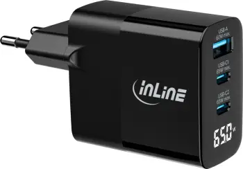 Karikues muri InLine GaN PD 65W, 3 porta USB C USB A, me ekran, i bardhë