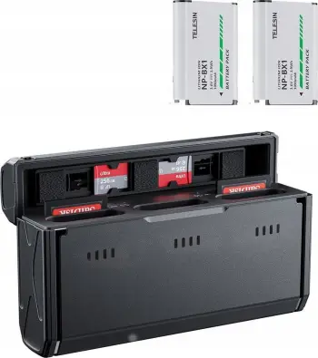 Set bateri dhe karikues Telesin NP-BX1, 2 bateri, karikues me 3 porta, i zi
