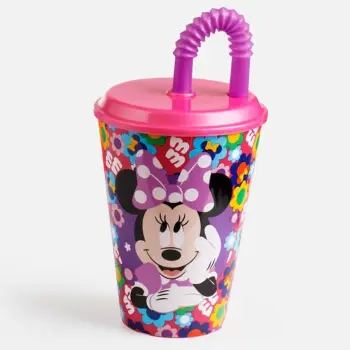 Gotë plastike rozë Minnie me kapak dhe pipë – 430 ml