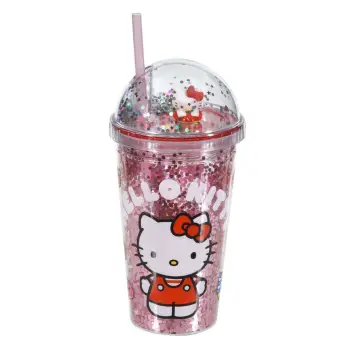 Gotë plastike me kapak dhe pipëz rozë Hello Kitty – 475 ml