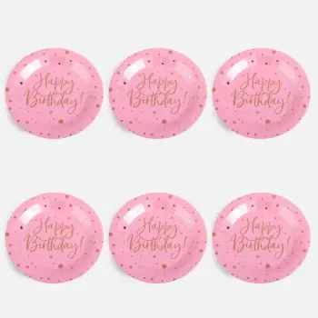 Pjata letre feste rozë Happy Birthday 18 cm - 6 copë