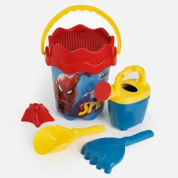 Kovë plazhi blu, e kuqe, e verdhë, me dizajn Spiderman Ø16x20cm dhe 4 aksesorë