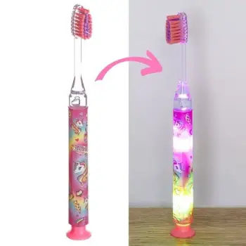 Furçë dhëmbësh për fëmijë ngjyrë rozë, e dizajn Unicorn me dritë, 2 minuta, 18 cm