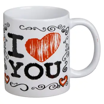 Filxhan qeramik i bardhë me zemra dhe mesazhin "I Love You" 340ml