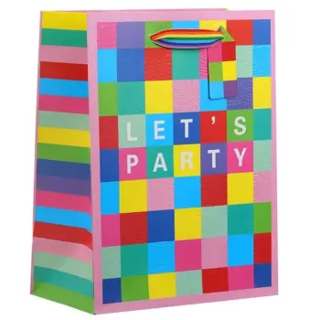 Çantë letre për dhurata, etiketë me katrorë ngjyrë rozë dhe doreza me vija "Let's Party" 18x10x23cm