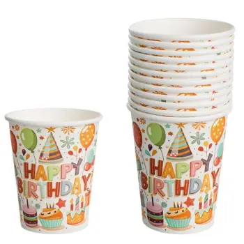 Gota kartoni të bardha për festa, me dizajn tullumbace, karamele, dhurata "Happy Birthday" 240ml - 12 copë