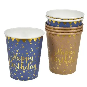 Gota kartoni për festa, blu, kafe me yje gold "Happy Birthday" 240ml - 6 copë