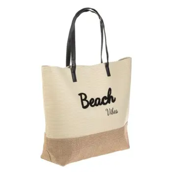 Çantë plazhi bezhë kafe me shkrim të zi "Beach Vibes" 57x15x43cm