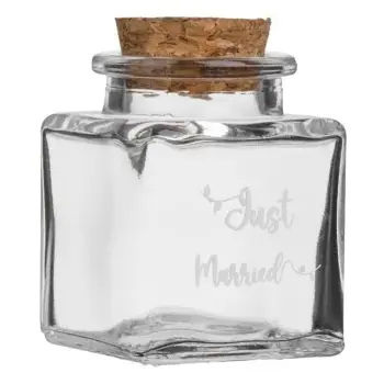 Shishe qelqi për dasma katrore transparente me tapë "Just Married" 4.3x4.3x6cm - 50ml