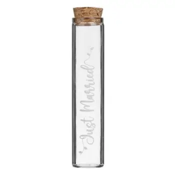Shishe qelqi për dasma, transparente e rrumbullakët me tapë "Just Married" Ø2x10.5cm - 30ml