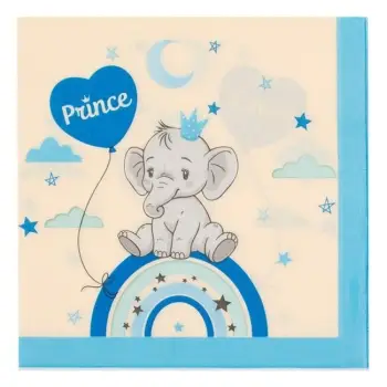 Kartopeceta për festa me 2 shtresa me dizajn Elefant dhe ylber "Prince" 33x33cm - 12 copë