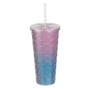 Gotë plastike me kapak dizajn Mermaid blu dhe rozë 680ml