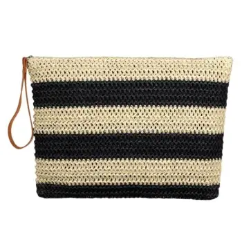Çantë tualeti kashte me vija të zeza bezhë dhe dorezë 30x22 cm