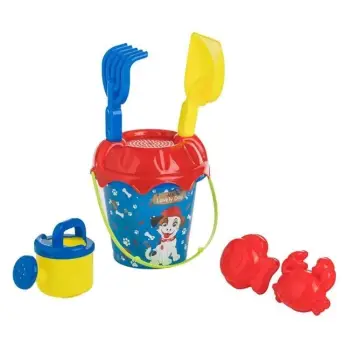 Set kovë plazhi blu e kuqe me dizajn qeni Ø17x21cm &amp; 5 aksesorë