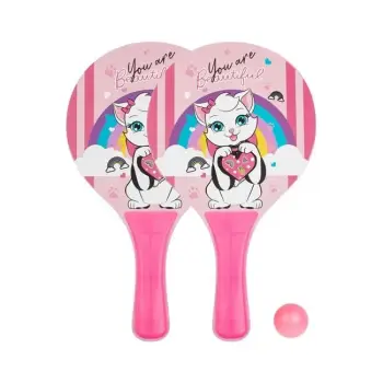 Set 2 raketa plazhi prej druri për fëmijë me dizajn rozë Kitty Marie &amp; top