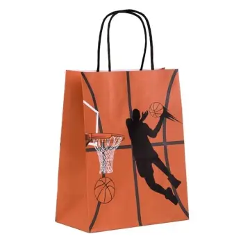 Qese kartoni portokalli me dizajn basketboll 18x10x23cm