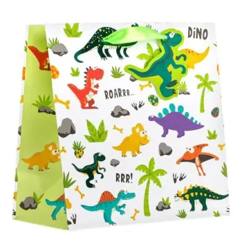 Qese dhurate kartoni e vogël e bardhë me Dinosaurë 19x10x19cm