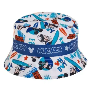 Kapele për foshnje tip bucket, e bardhë me dizajn Mickey në ngjyrë blu dhe vijë blu