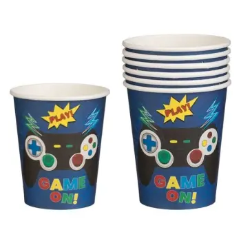 Gota letre festive me dizajn blu "game on" 240ml - 6 copë