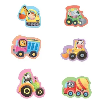 Puzzle për fëmijë me 6 automjete me shofer kafshësh (12 copë)