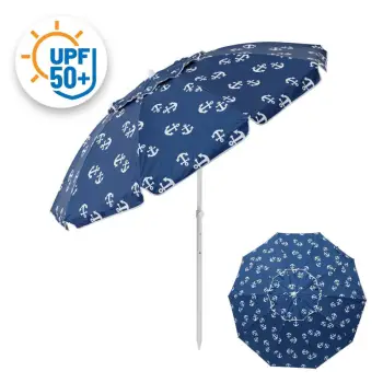 Çadër plazhi blu me spiranca të bardha UPF 50+ dhe kornizë metalike me 4 unaza Ø2.25m