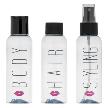 Set udhetimi shishe transparente body hair styling 100mlx3