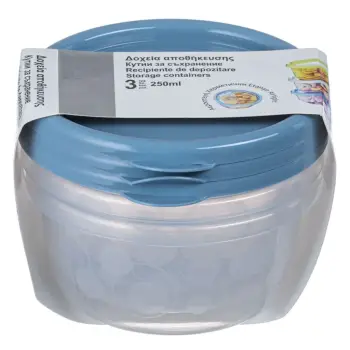 Enë ushqimi transparente me kapak blu 250 ml - 3 copë